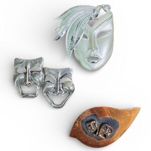 Silver and Bronze Theater Mask Brooch Lot Comedy Tragedy Vintage